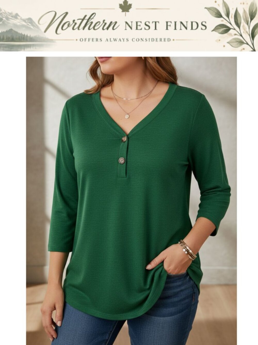 Plus Size 3/4 Sleeve Button Down Tunic Top L-4XL Womens